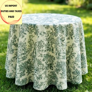 Round Green Toile Tablecloth, Custom Extra Large Sizes, French Cotton Toile de Jouy Linens
