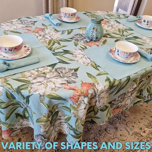 Teal Floral Oval Tablecloth, Cotton Table Cloth with Large Flowers Print, Custom Round Square Rectangle, Botanical Spring Party Table Cover