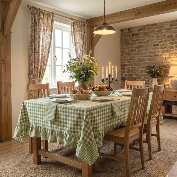 Grüne Tischdecke mit Vichy-Karo und Rüschen, Tischdecke im französischen Landhausstil mit Karomuster und Volants, Sonderanfertigung