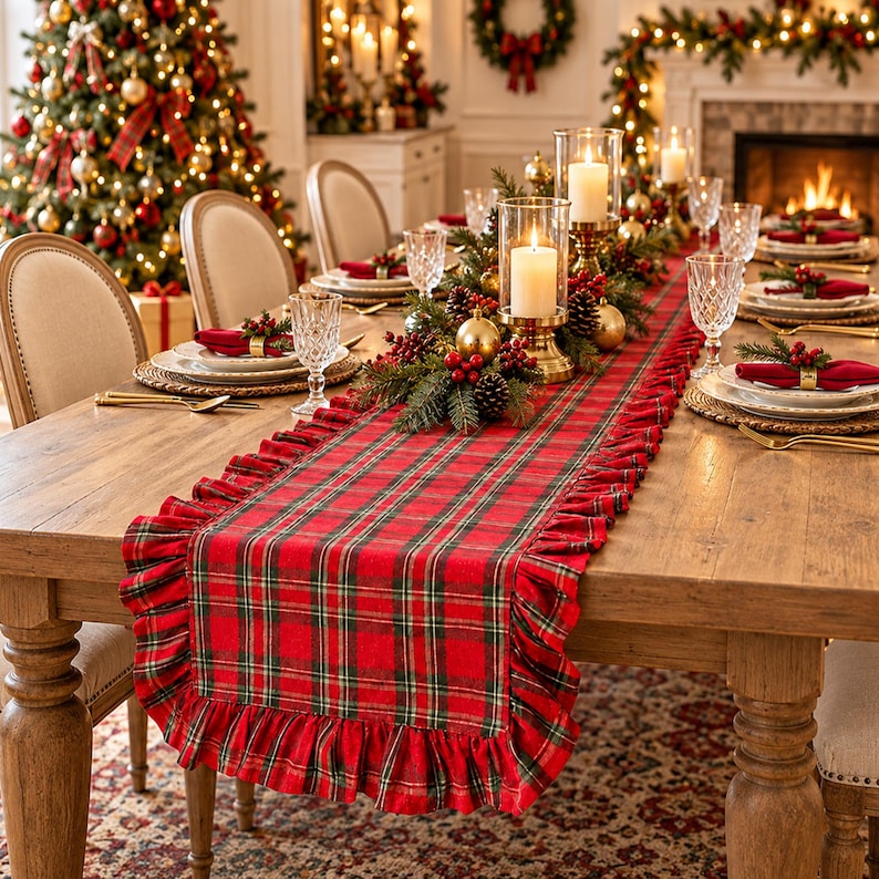 Pode incluir: Um caminho de mesa xadrez vermelho e verde com bordas franzidas sobre uma mesa de jantar de madeira. O caminho apresenta um padr&atilde;o tartan cl&aacute;ssico com linhas finas amarelas e pretas. &Eacute; decorado com casti&ccedil;ais de vidro e ramos de pinheiro.