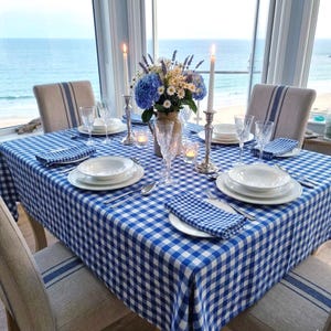 Royal Blue Gingham Tablecloth + 14 Colors, Custom Size & Shape Cotton Plaid Farmhouse Table Cloth