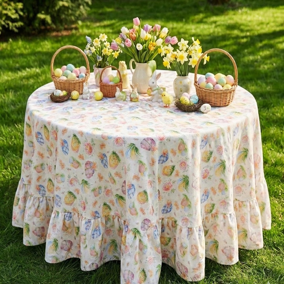 Round Easter Ruffle Tablecloth With Painted Eggs Print, Custom Size ...