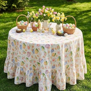 May include: A round tablecloth with a ruffled edge, covered in a pastel pineapple and Easter egg pattern. The table is set with baskets of eggs, flowers in vases, and Easter figurines, creating a festive outdoor scene.