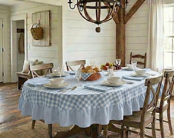 Blaue Tischdecke mit Vichy-Karo und Rüschen, Sondergröße, karierte Baumwolltischdecke im Landhausstil mit Rüschenkanten