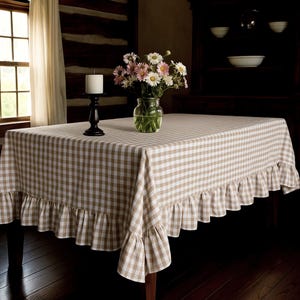 Beige Gingham Ruffled Tablecloth: French Country Cotton Blend, Custom Size