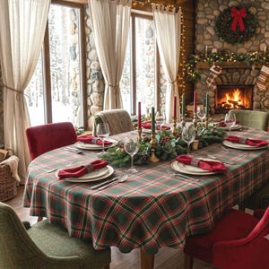 May include: An oval dining table covered with a green, red, and white plaid tablecloth, set with white plates, red cloth napkins, clear wine glasses, and silver cutlery. A central garland of pine branches, red berries, and tall red and green candles.