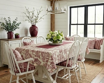Burgundy Toile Tablecloth, Custom Extra Large Sizes, French Cotton Toile de Jouy Table Cloth