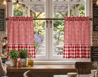 Beige Gingham Ruffle Cafe Curtains, Custom size, Farmhouse Checked