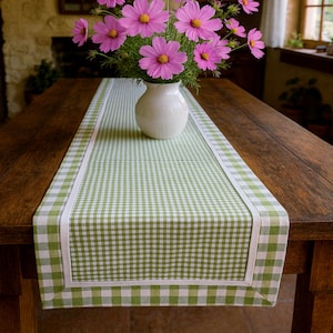 Farmhouse Plaid Table Runner with Border, Green & White Gingham + 13 Colors, Reversible Cotton
