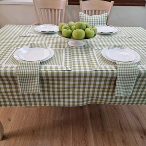 Green Gingham Tablecloth Runner Placemat and Napkin - Make Your Own Set for Table, Country Cottage Checkered Home Decor, Custom Size & Color