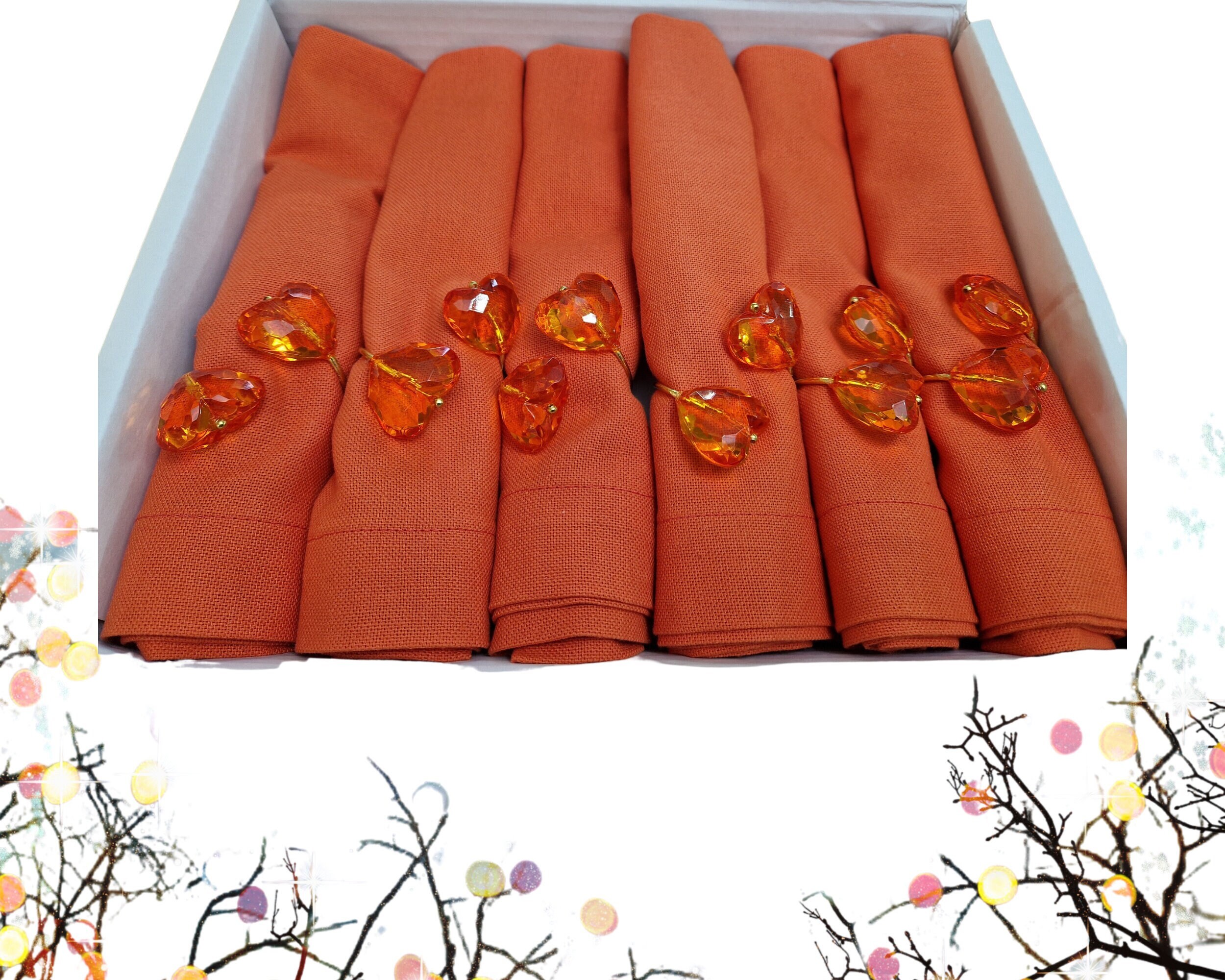 Sliner 感謝祭用布ナプキン12枚セット 17 x 17インチ 感謝祭 オレンジ 布製ナプキン 刺繍 季節の言葉 洗える 願い オレンジ布ナプキンセット：ハートのナプキンリング付き感謝祭ホストギフト - Etsy 日本