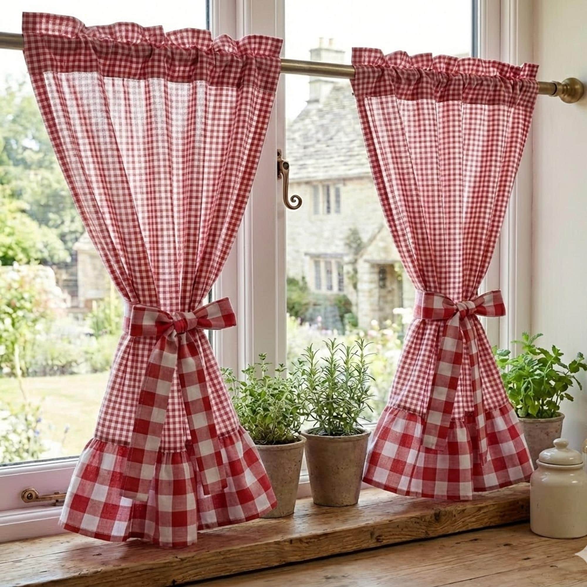 Green Gingham Ruffle Cafe Curtains, Custom Size Farmhouse Kitchen