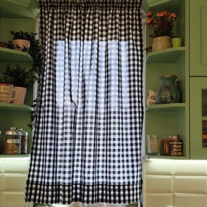 Plaid Curtains Black and White + 13 Colors, Custom Size & Hanging - Grommet, Pleated, Rod Pocket, Pair Cotton Gingham Panels with Tie Back