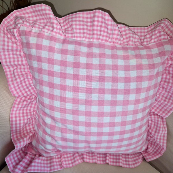 Ruffle Gingham Pink Throw Pillow Cover, French Country Style Throw Pillow Set, Cottagecore Plaid Cushion Cover, Checkered Pillow Top for Bed