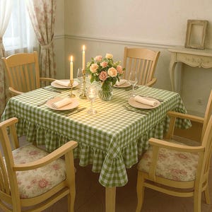 Green Gingham Ruffled Tablecloth: French Country Checkered Table Cloth, Custom size