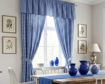 Royal Blue Gingham Curtains: Farmhouse Checkered Window Pair