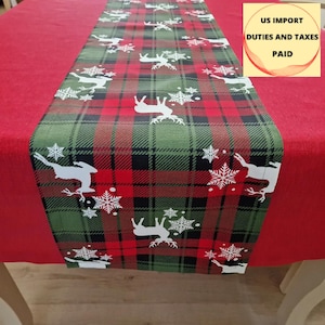 Caminho de mesa de Natal - Algodão xadrez xadrez, decoração de rena de fazenda, tamanho personalizado