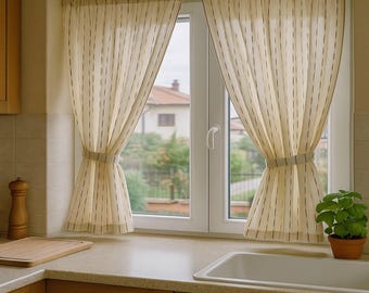 Cream & Brown Striped Cotton Curtains, Custom Size, French Country Style Window Drapes, Pair Panels