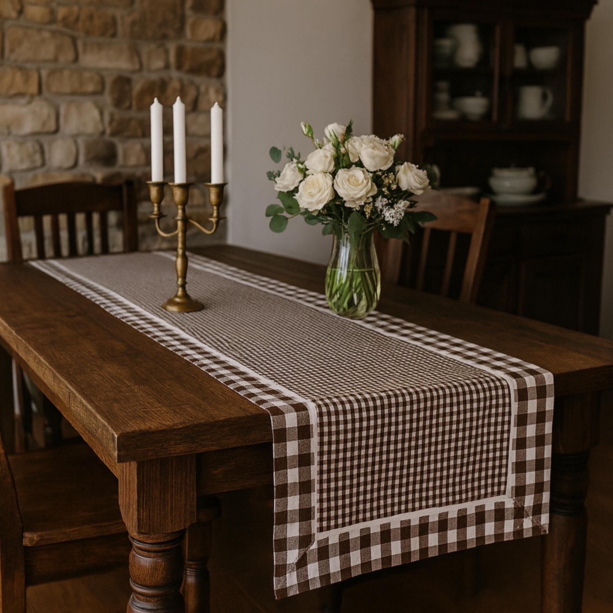 Runner Da Tavola Matches21 Stile Rustico RESI, Quadretti Verde E Bordo Cervo, 48x150 Cm, Cotone Premium - 4