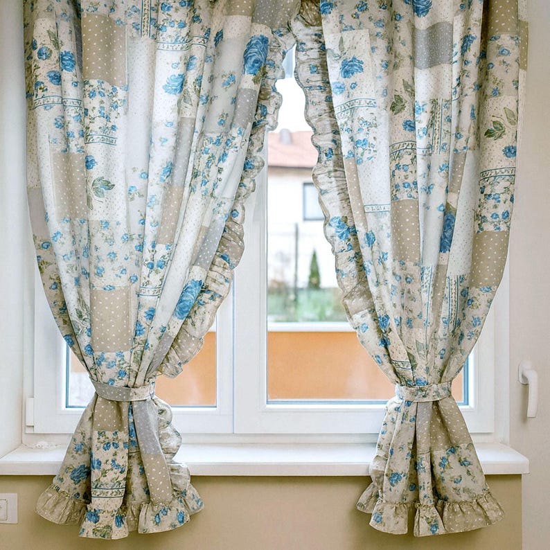 Country Ruffle Trim French Country Ruffle Curtains: Shabby Chic Blue Roses Cotton Drapes - Etsy
