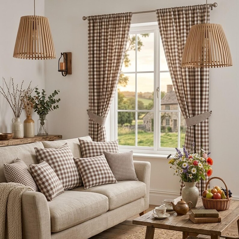 May include: A cozy living room scene featuring a beige sofa with checkered throw pillows. Brown and white checkered curtains frame a window overlooking a rural landscape. Two wooden pendant lights hang from the ceiling, complementing the rustic decor.