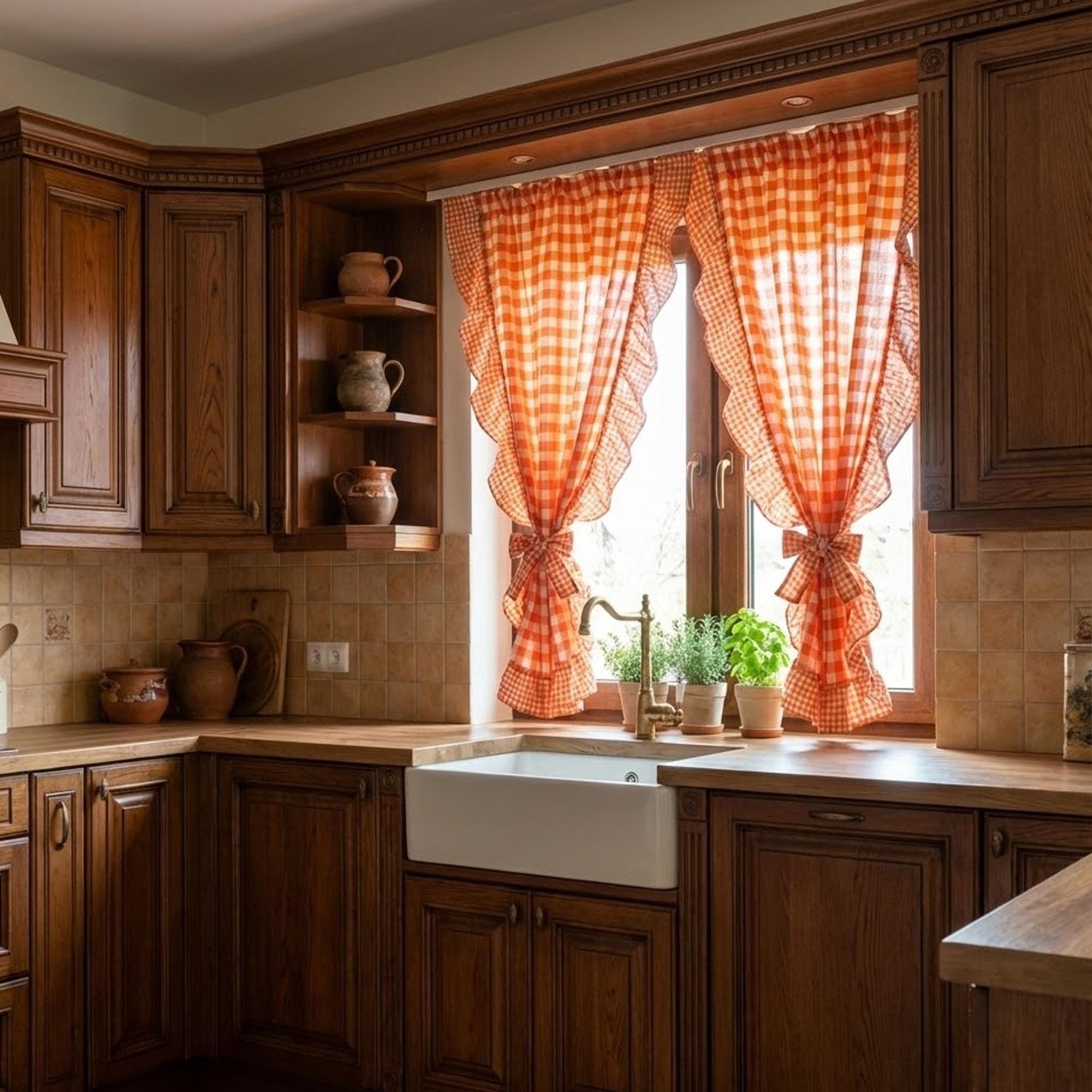 茶系オレンジ色と白のギンガムチェックカーテン オレンジ色のギンガム