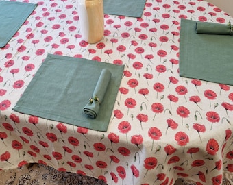 Red Poppy Flower Cotton Oval Tablecloth, Custom Round Square Rectangle Extra Large Floral Table Cloth, English Country Cottage Table Cover