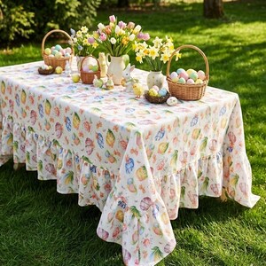 May include: A white Easter-themed tablecloth with a colorful pattern of eggs and fruit, ruffled edges, and a variety of Easter decorations, including baskets of eggs and floral arrangements, set on a green lawn.