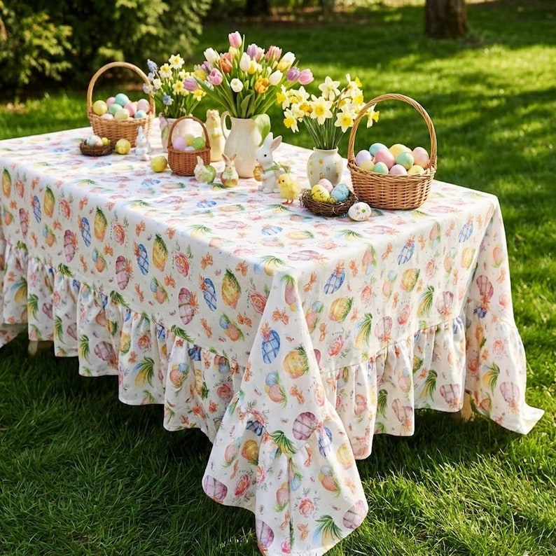 Easter Ruffle Tablecloth With Painted Eggs Print, Custom Size Holiday ...