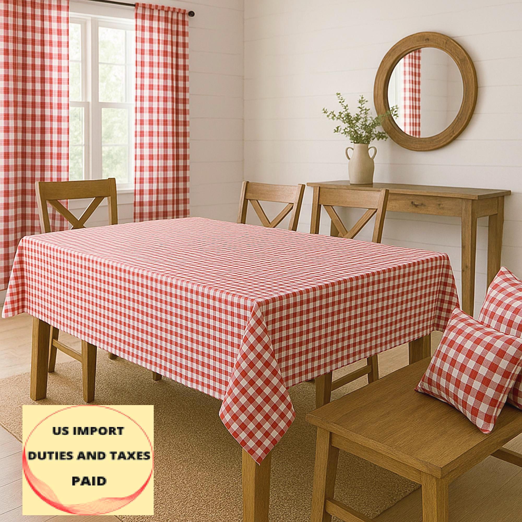Round Plaid Tablecloth | Red, Black & White Cotton Holiday Décor