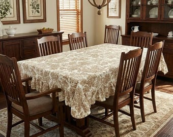 Farmhouse Beige Toile Ruffle Tablecloth, Custom French Toile de Jouy Cotton Dining Table Cloth