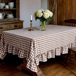 Brown Gingham Ruffle Tablecloth – Handmade Custom Farmhouse Cottagecore Table Decor