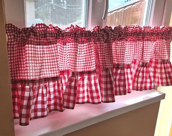 Red Gingham Ruffle Cafe Curtains: Farmhouse Kitchen Checkered Tier Panels