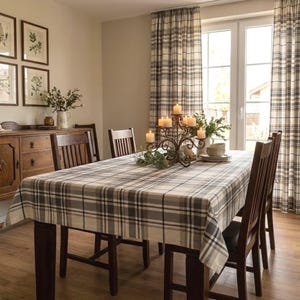 May include: A dining room set featuring a rectangular table covered in a beige, gray, and white plaid tablecloth. The table is surrounded by wooden chairs and holds a dark metal candelabra with five lit candles and a small green plant arrangement.