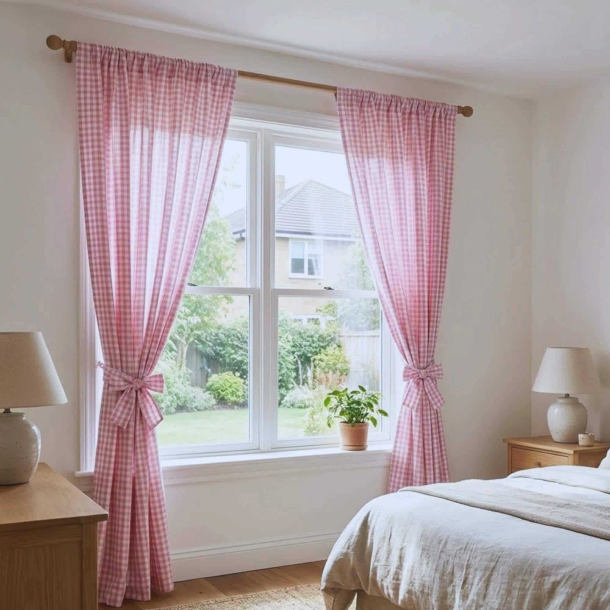Pink Gingham Curtains, Custom Long or Short Cotton Panels for