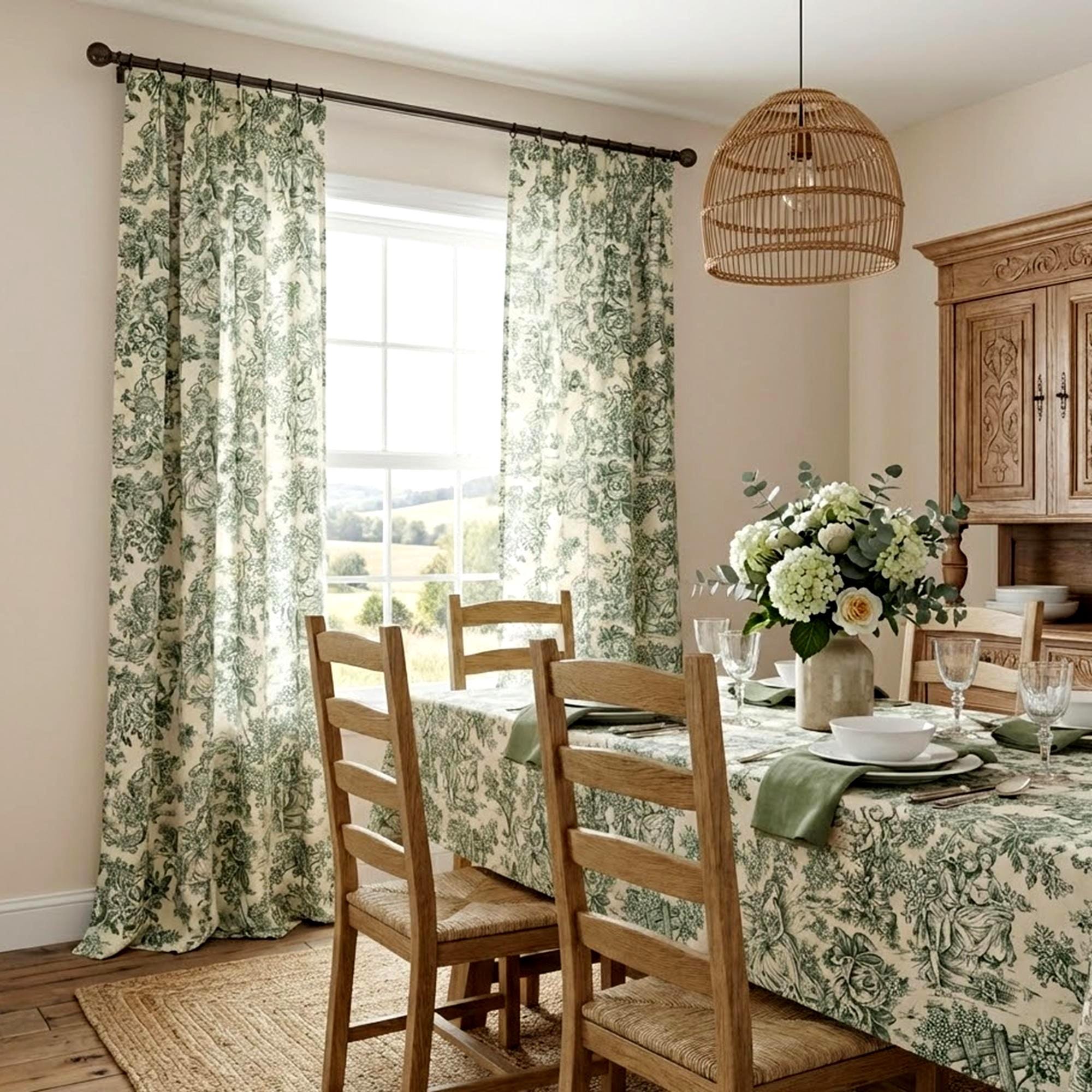 Green Toile Curtains - Pair Panels, Custom Size, French Toile De Jouy
