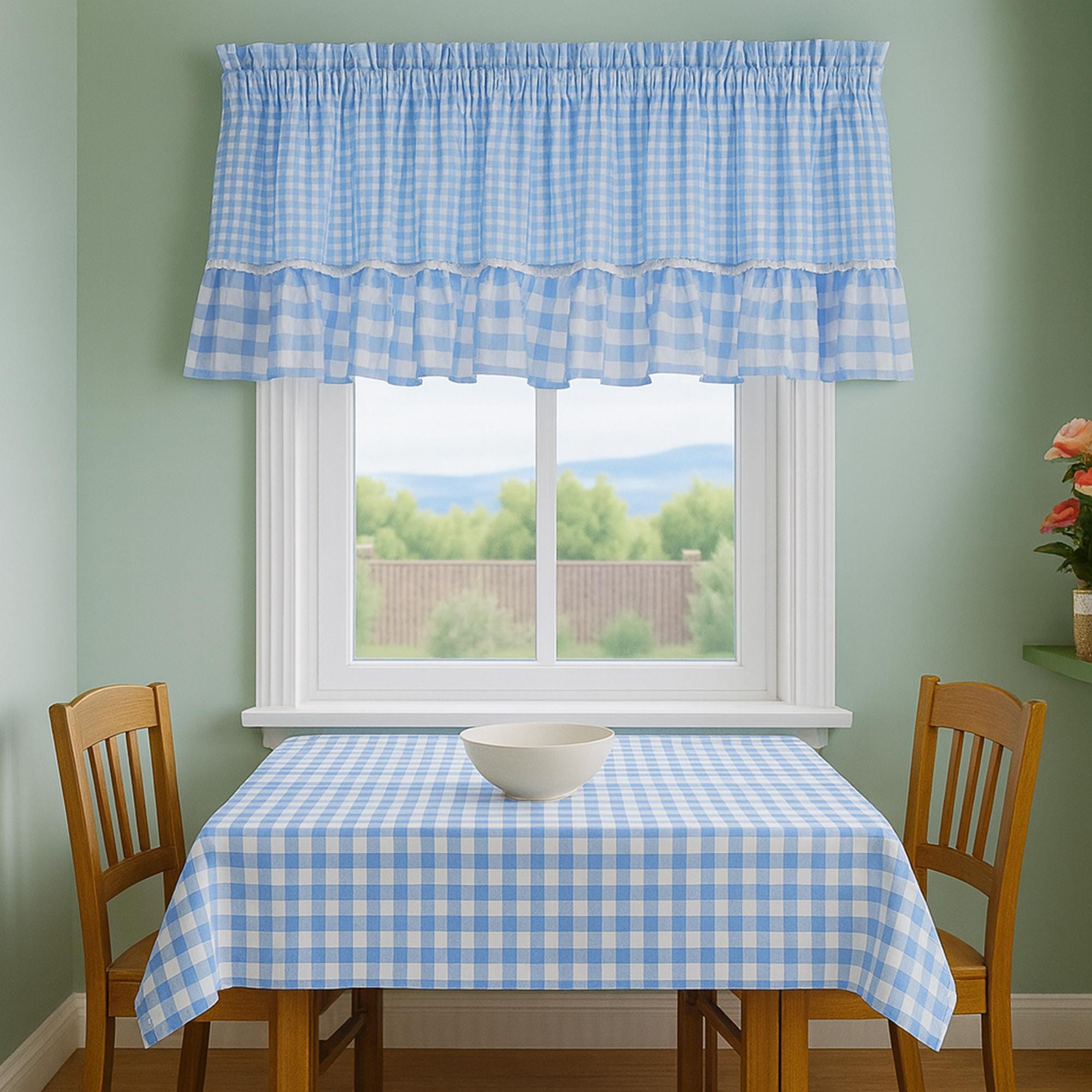 Gingham Cafe Curtains With Ruffle Valance: Light Blue Retro Kitchen
