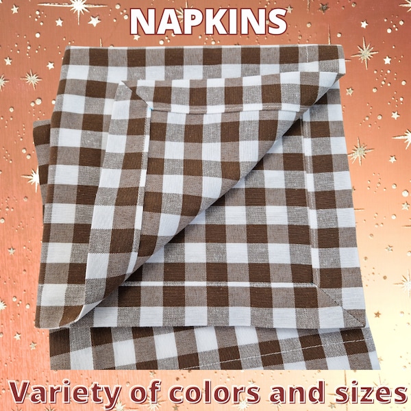 Chocolate Brown Gingham Table Napkins, Custom Size, 14 Colors, Rustic Style Checkered Cotton Cloth Napkins for Dinner Party or Cocktail