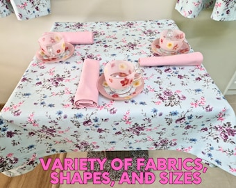 Light Pink, Blue, Green or Gray Floral Tablecloth, Teflon Cotton Coated Table Cloth, Custom Round Oval Rectangle Square Spring Table Cover