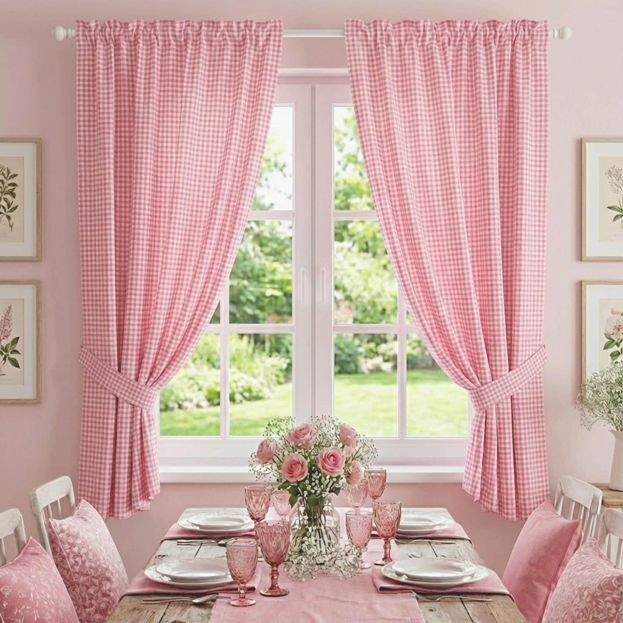 ピンク柄カーテン Pink Gingham Curtains, Custom Long or Short Cotton Panels for