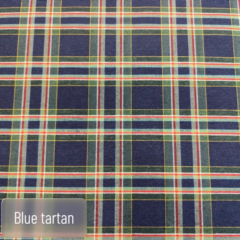 Pode incluir: Um tecido com um padr&atilde;o de xadrez azul com linhas horizontais e verticais que se cruzam em tons de verde, vermelho, amarelo e branco. O t&ecirc;xtil apresenta um design de grade repetitivo com o texto Blue tartan vis&iacute;vel no canto.