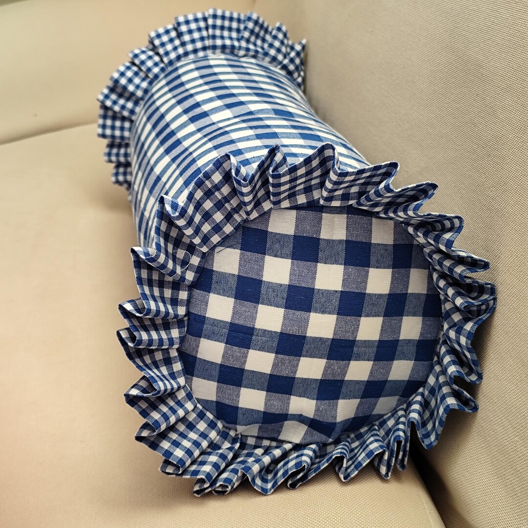 Royal Blue Ruffle Gingham Bolster Pillow Cover , Custom Size Cylinder ...
