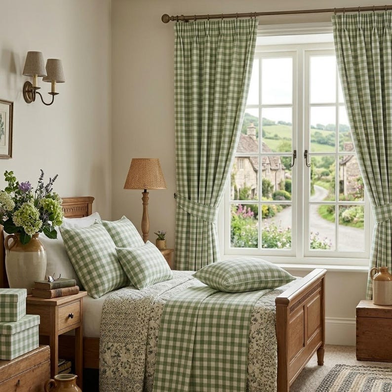 May include: A cozy bedroom scene featuring a wooden bed with green and white checkered bedding and pillows. Matching checkered curtains frame a window overlooking a quaint village. A woven lamp and floral arrangements add to the room's charm.