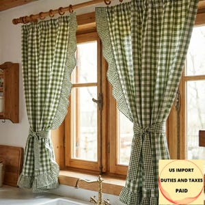 Ruffled Gingham Curtains - French Country Checkered Curtain Panels - Custom Size Set