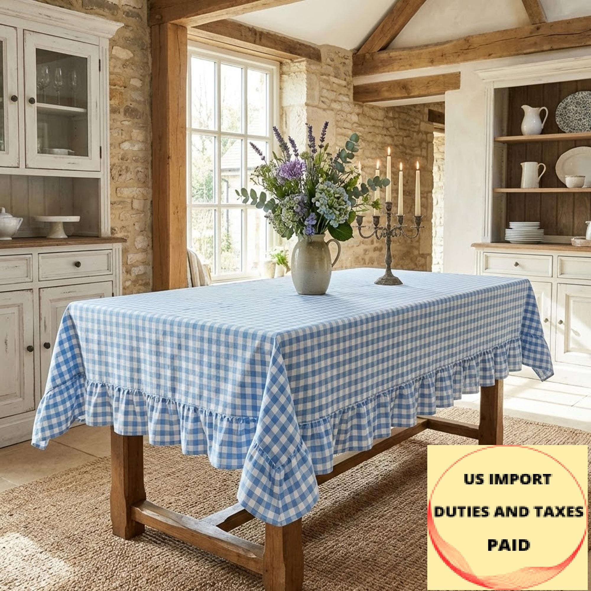 Blue Gingham Ruffle Tablecloth: Custom Size French Country
