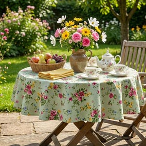 May include: A round table covered with a light green floral tablecloth features a ceramic pitcher filled with a bouquet of pink, yellow, and white flowers, a wicker basket of apples and grapes, and a white porcelain tea set with floral patterns.