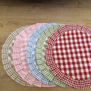 Set di tovagliette rotonde a balze a quadretti, tovagliette bifacciali in cotone da 14 colori, tovagliette rustiche reversibili a balze a quadri, regalo per hostess