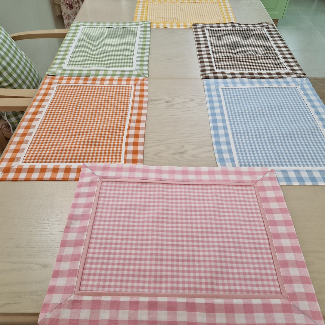 Assorted Colors Gingham Placemats Set of 6 Reversible Plaid With Border