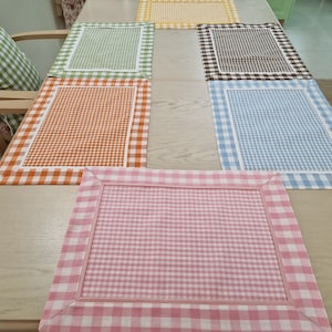 Gingham Placemats Sets with Border- Choice of 14 Colors, Reversible Checkered Cotton Fabric Place Mat, Farmhouse Style Family Gift