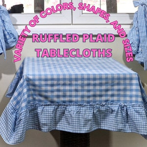 Light Blue & White Ruffle Checked Tablecloth, Custom Gingham Plaid Extra Large, Small Table Cloth, Summer Coastal Retro Cotton Table Cover